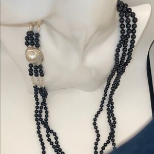 Black Onyx, Pearl, & 14k Beads & Pearl (set in 14k) 28” 3 Strand Necklace